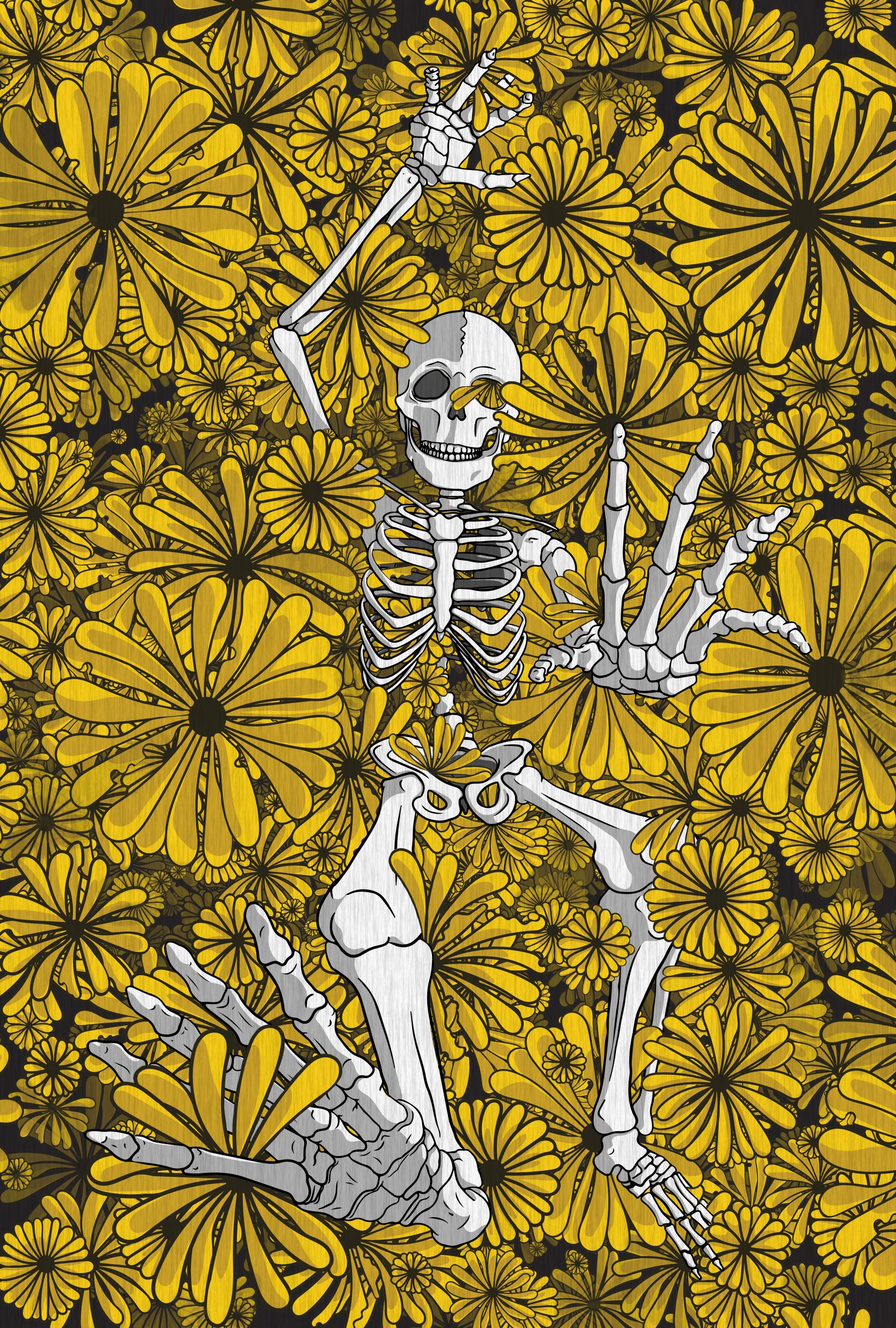 A figure drawing of a falling skeleton, drawn as if looking down at the skeleton falling through hundreds of yellow flowers.
