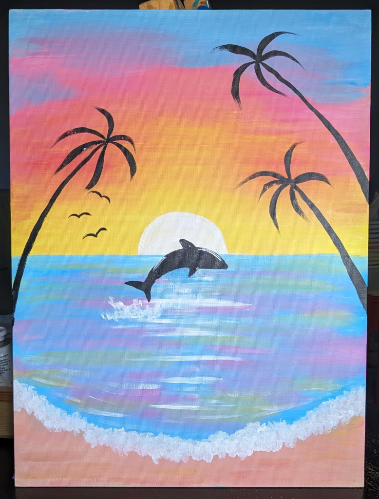 a 12"x16" acrylic painting, featuring a dolphin jumping out of the ocean at sunset, with palm trees on the sides. The colors used are pink, orange, and yellow for the sky, with a tan beach and colorful blue water.